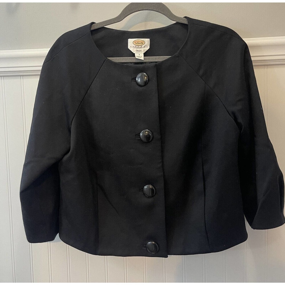 Talbots petites stretch jacket Ladies Size 8 Black Wool Blend croped 3/4 sleeves